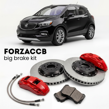 Black Buick Encore I (2012-2017) shown above a ForzaCCB iron rotor big brake kit with 2x red 6-piston front calipers, 2x two-piece floating ventilated brake discs 380 mm, set of brake pads, and brake lines.