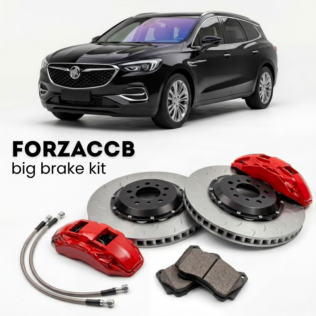 Black Buick Envision facelift 2024) (2024+ (II) shown above a ForzaCCB iron rotor big brake kit with 2x red 6-piston front calipers, 2x two-piece floating ventilated brake discs 380 mm, set of brake pads, and brake lines.