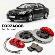 Black Buick Excelle (2005-2007) shown above a ForzaCCB iron rotor big brake kit with 2x red 6-piston front calipers, 2x two-piece floating ventilated brake discs 380 mm, set of brake pads, and brake lines.