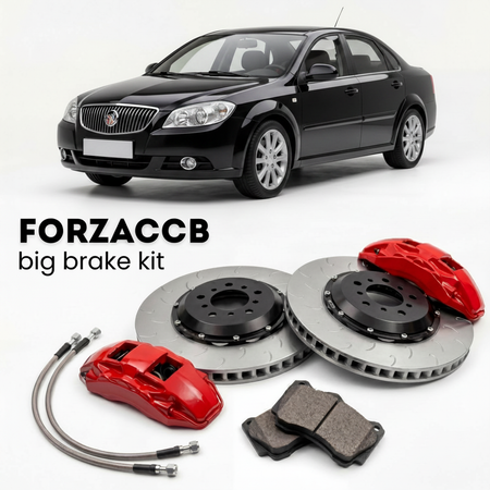 Black Buick Excelle (2005-2007) shown above a ForzaCCB iron rotor big brake kit with 2x red 6-piston front calipers, 2x two-piece floating ventilated brake discs 380 mm, set of brake pads, and brake lines.