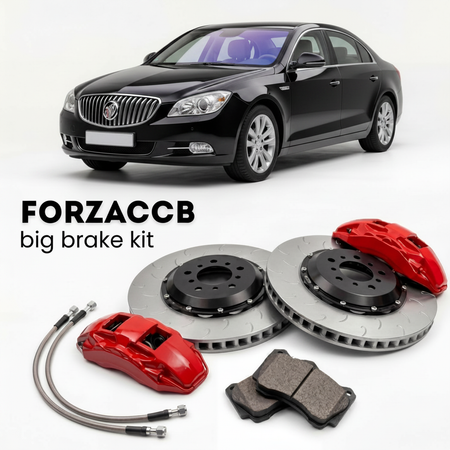 Black Buick LaCrosse facelift 2008) (2008-2009 (I) shown above a ForzaCCB iron rotor big brake kit with 2x red 6-piston front calipers, 2x two-piece floating ventilated brake discs 380 mm, set of brake pads, and brake lines.