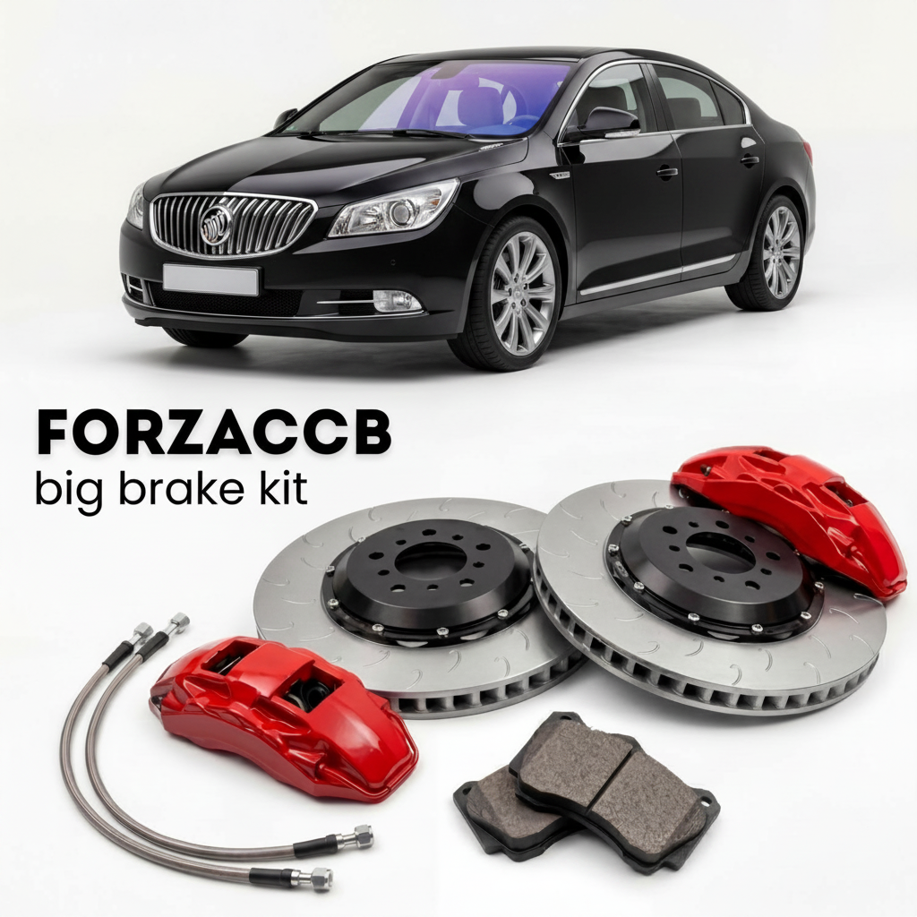Black Buick LaCrosse II (2009-2013) shown above a ForzaCCB iron rotor big brake kit with 2x red 6-piston front calipers, 2x two-piece floating ventilated brake discs 380 mm, set of brake pads, and brake lines.