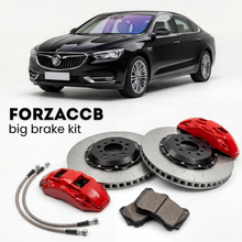Black Buick LaCrosse III China (2017-2019) shown above a ForzaCCB iron rotor big brake kit with 2x red 6-piston front calipers, 2x two-piece floating ventilated brake discs 380 mm, set of brake pads, and brake lines.