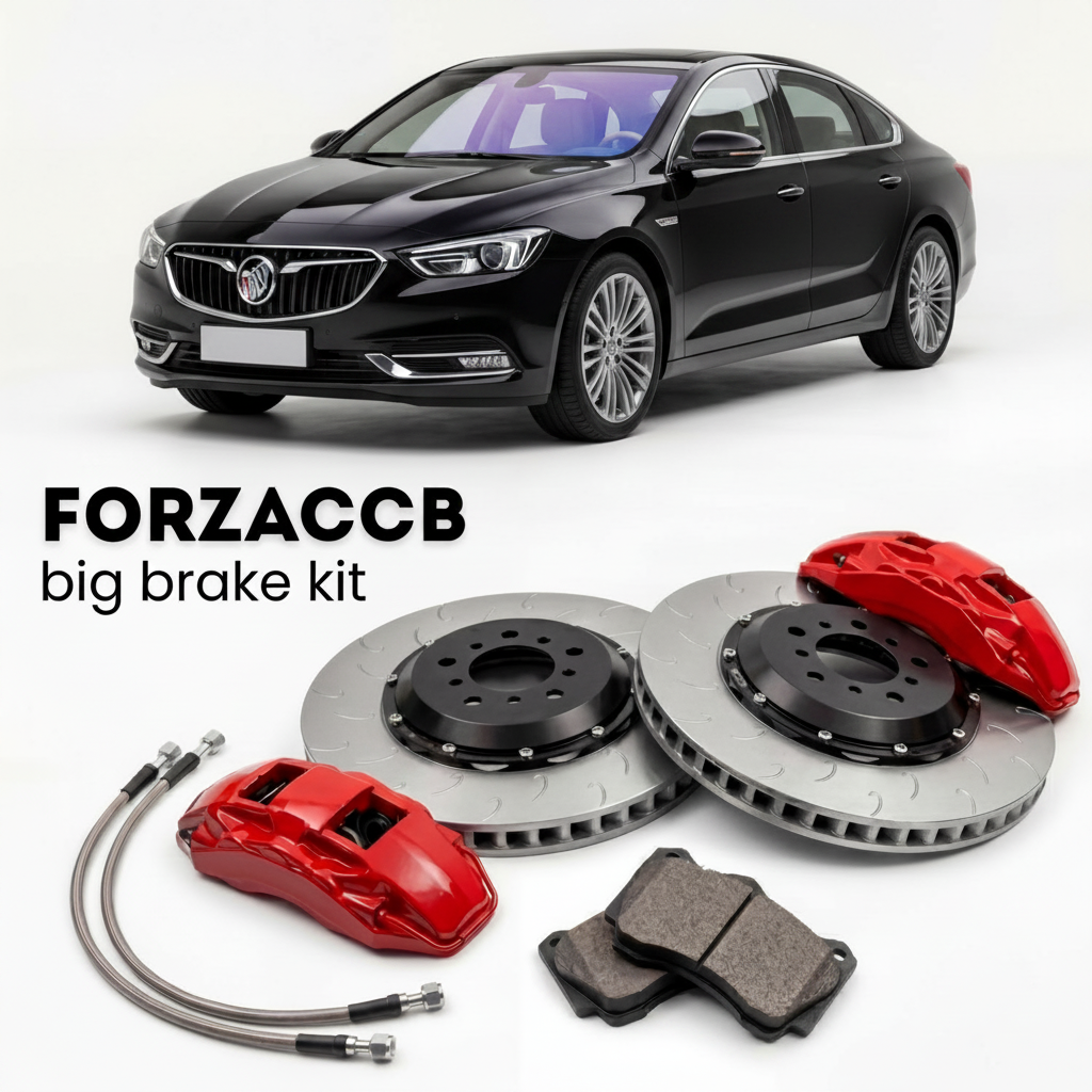 Black Buick LaCrosse facelift 2019) (2019-2023 (III China) shown above a ForzaCCB iron rotor big brake kit with 2x red 6-piston front calipers, 2x two-piece floating ventilated brake discs 380 mm, set of brake pads, and brake lines.
