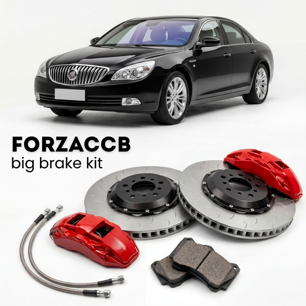 Black Buick Park Avenue Shanghai (2007-2012) shown above a ForzaCCB iron rotor big brake kit with 2x red 6-piston front calipers, 2x two-piece floating ventilated brake discs 380 mm, set of brake pads, and brake lines.