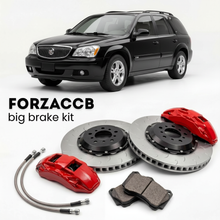Black Buick Rainier GMT 360 (2005-2007) shown above a ForzaCCB iron rotor big brake kit with 2x red 6-piston front calipers, 2x two-piece floating ventilated brake discs 380 mm, set of brake pads, and brake lines.