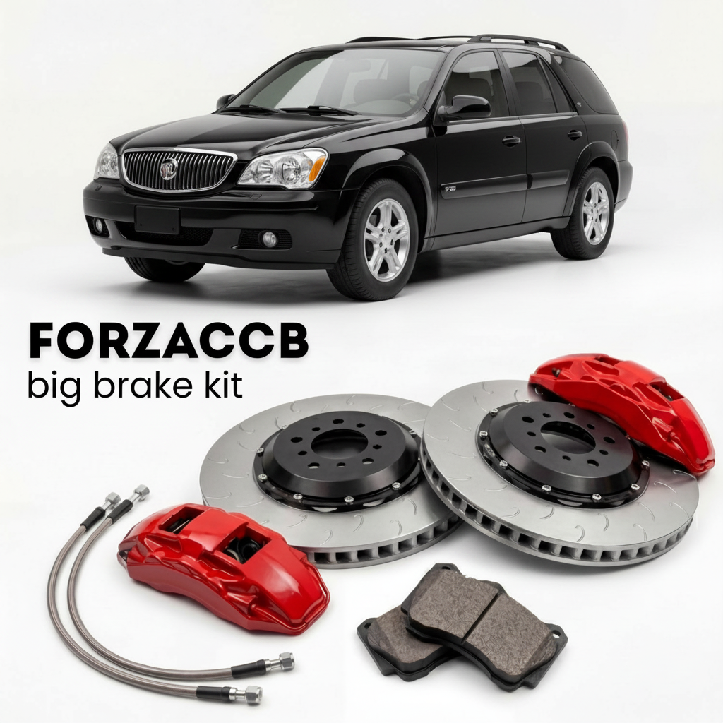 Black Buick Rainier GMT 360 (2005-2007) shown above a ForzaCCB iron rotor big brake kit with 2x red 6-piston front calipers, 2x two-piece floating ventilated brake discs 380 mm, set of brake pads, and brake lines.