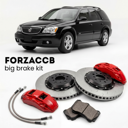 Black Buick Rainier GMT 360 (2005-2007) shown above a ForzaCCB iron rotor big brake kit with 2x red 6-piston front calipers, 2x two-piece floating ventilated brake discs 380 mm, set of brake pads, and brake lines.