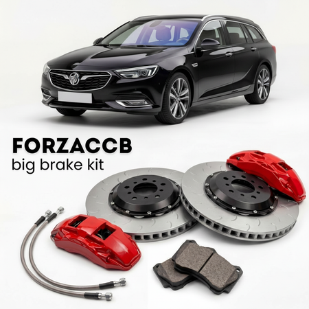 Black Buick Regal VI TourX (2018-2020) shown above a ForzaCCB iron rotor big brake kit with 2x red 6-piston front calipers, 2x two-piece floating ventilated brake discs 380 mm, set of brake pads, and brake lines.