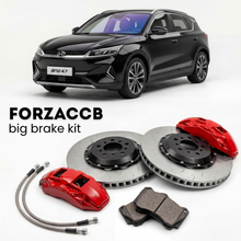 Black BYD Atto 3 (2022+) shown above a ForzaCCB iron rotor big brake kit with 2x red 6-piston front calipers, 2x two-piece floating ventilated brake discs 380 mm, set of brake pads, and brake lines.