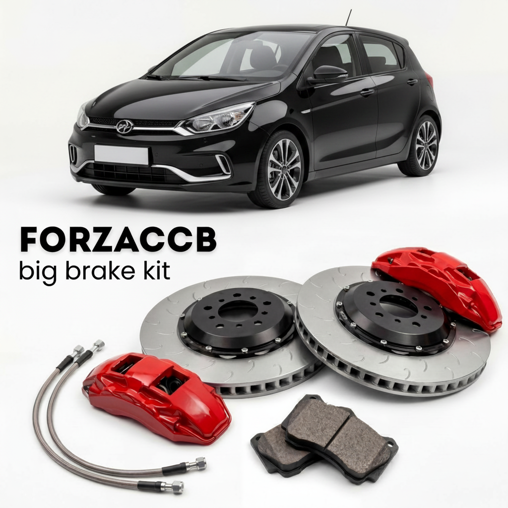 Black BYD e2 (2019+) shown above a ForzaCCB iron rotor big brake kit with 2x red 6-piston front calipers, 2x two-piece floating ventilated brake discs 380 mm, set of brake pads, and brake lines.