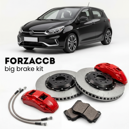 Black BYD e2 (2019+) shown above a ForzaCCB iron rotor big brake kit with 2x red 6-piston front calipers, 2x two-piece floating ventilated brake discs 380 mm, set of brake pads, and brake lines.
