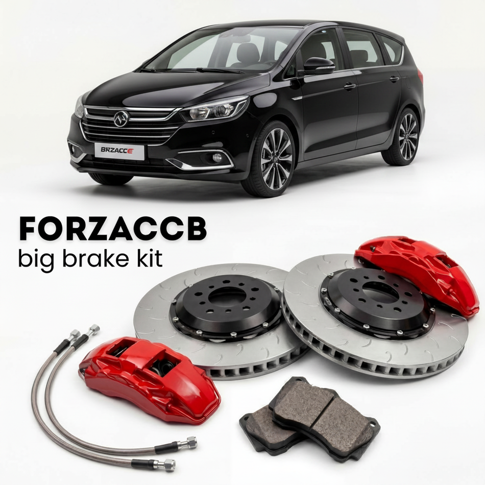 Black BYD e6 (2017+) shown above a ForzaCCB iron rotor big brake kit with 2x red 6-piston front calipers, 2x two-piece floating ventilated brake discs 380 mm, set of brake pads, and brake lines.