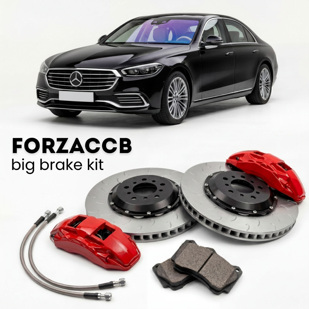 Black BYD e7 (2025+) shown above a ForzaCCB iron rotor big brake kit with 2x red 6-piston front calipers, 2x two-piece floating ventilated brake discs 380 mm, set of brake pads, and brake lines.