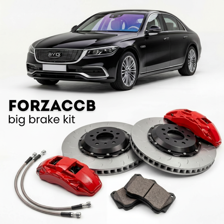 Black BYD eMax 7 (2024+) shown above a ForzaCCB iron rotor big brake kit with 2x red 6-piston front calipers, 2x two-piece floating ventilated brake discs 380 mm, set of brake pads, and brake lines.