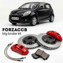 Black BYD F0 (2008-2015) shown above a ForzaCCB iron rotor big brake kit with 2x red 6-piston front calipers, 2x two-piece floating ventilated brake discs 380 mm, set of brake pads, and brake lines.