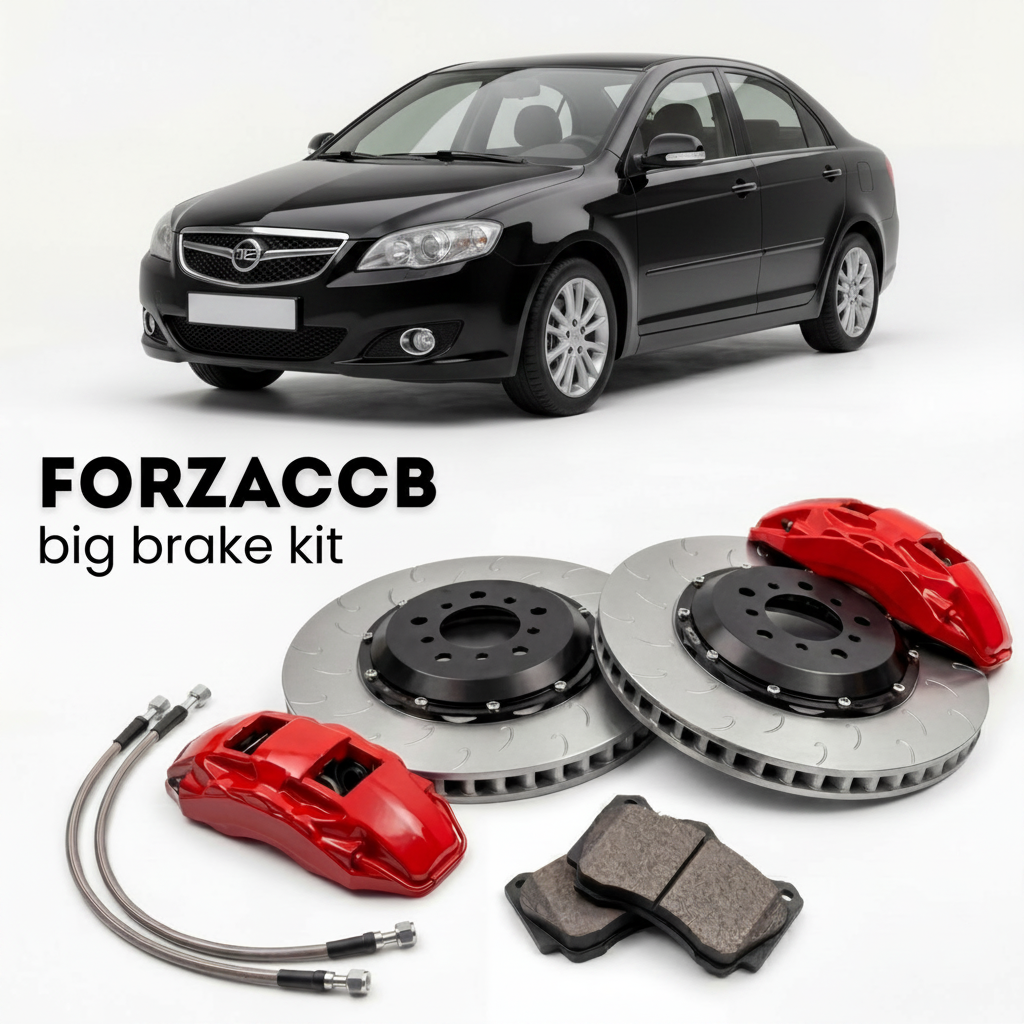 Black BYD F3 R (2007-2013) shown above a ForzaCCB iron rotor big brake kit with 2x red 6-piston front calipers, 2x two-piece floating ventilated brake discs 380 mm, set of brake pads, and brake lines.