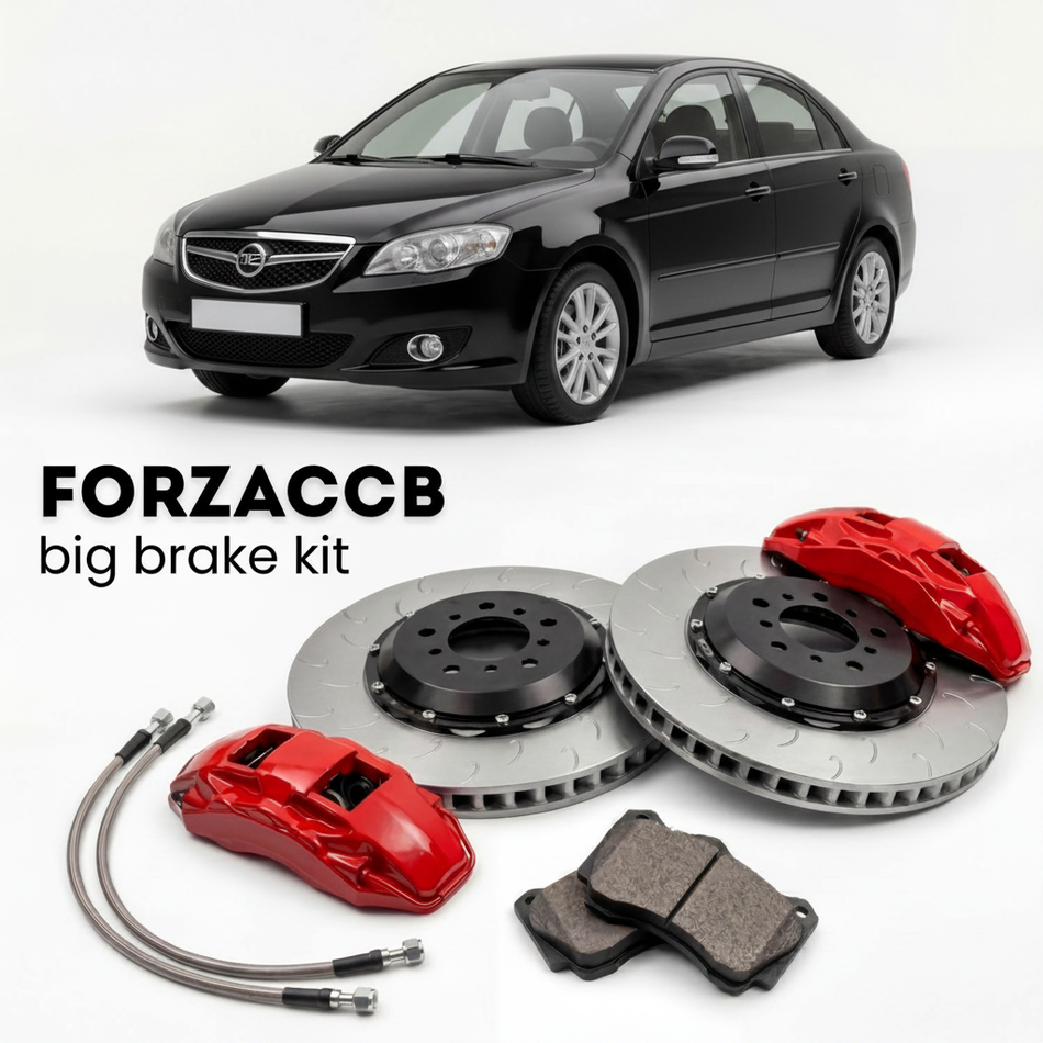 Black BYD F3 R (2007-2013) shown above a ForzaCCB iron rotor big brake kit with 2x red 6-piston front calipers, 2x two-piece floating ventilated brake discs 380 mm, set of brake pads, and brake lines.