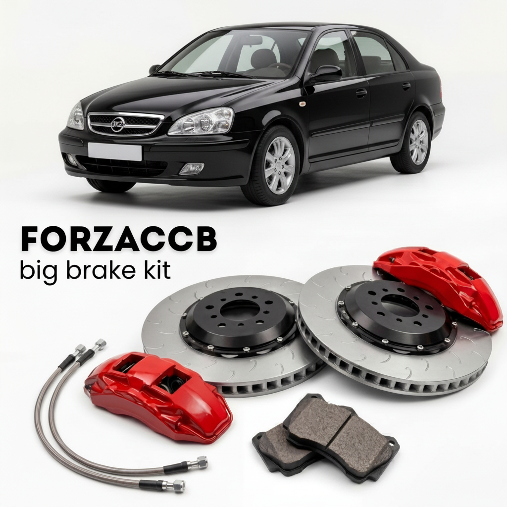 Black BYD FLYER II (2005-2008) shown above a ForzaCCB iron rotor big brake kit with 2x red 6-piston front calipers, 2x two-piece floating ventilated brake discs 380 mm, set of brake pads, and brake lines.
