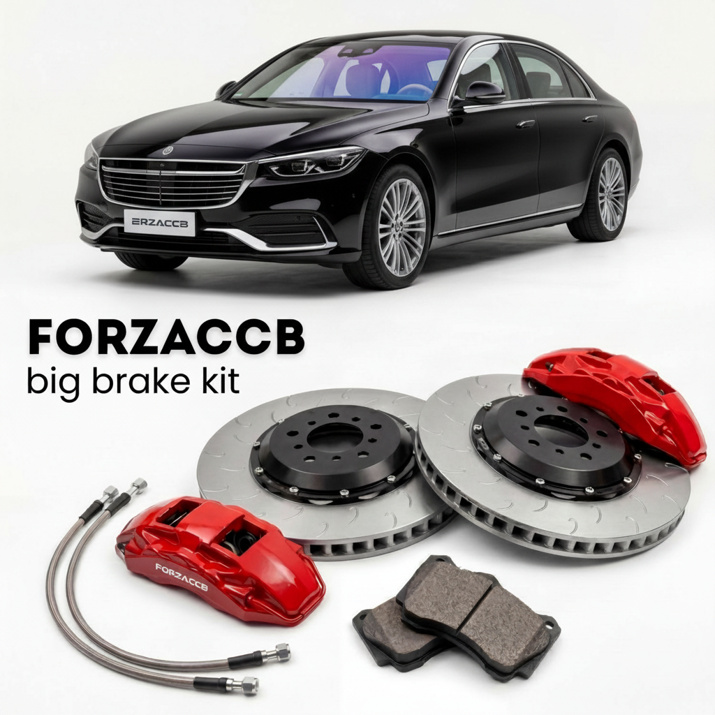 Black BYD Han facelift 2022 (2022-2025) shown above a ForzaCCB iron rotor big brake kit with 2x red 6-piston front calipers, 2x two-piece floating ventilated brake discs 380 mm, set of brake pads, and brake lines.