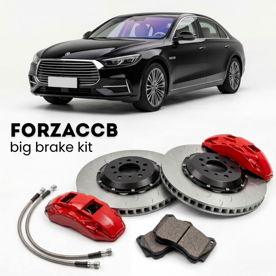 Black BYD M6 2024 (2024+) shown above a ForzaCCB iron rotor big brake kit with 2x red 6-piston front calipers, 2x two-piece floating ventilated brake discs 380 mm, set of brake pads, and brake lines.