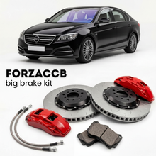 Black BYD M6 facelift 2013 (2013-2017) shown above a ForzaCCB iron rotor big brake kit with 2x red 6-piston front calipers, 2x two-piece floating ventilated brake discs 380 mm, set of brake pads, and brake lines.