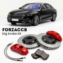 Black BYD Qin facelift 2025) (2025+ (Plus II) shown above a ForzaCCB iron rotor big brake kit with 2x red 6-piston front calipers, 2x two-piece floating ventilated brake discs 380 mm, set of brake pads, and brake lines.