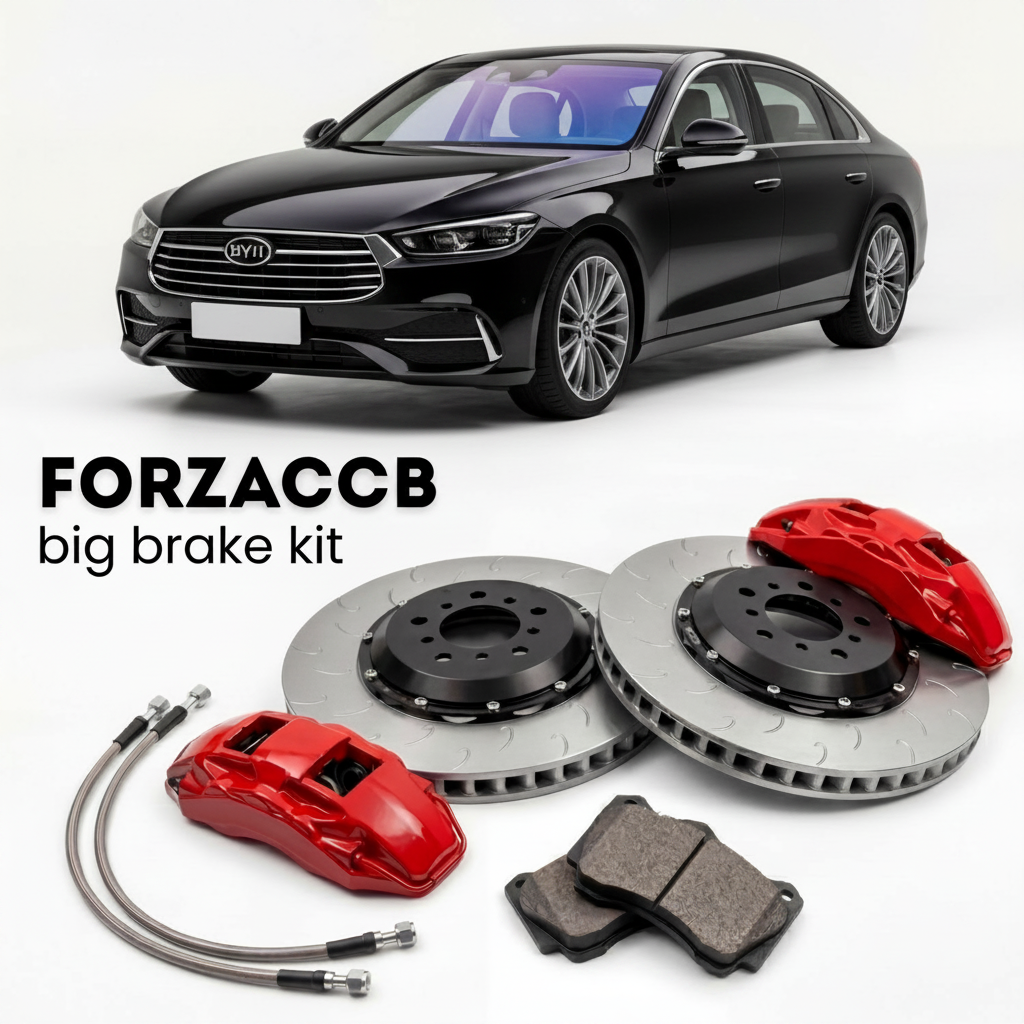 Black BYD Qin facelift 2025) (2025+ (Plus II) shown above a ForzaCCB iron rotor big brake kit with 2x red 6-piston front calipers, 2x two-piece floating ventilated brake discs 380 mm, set of brake pads, and brake lines.