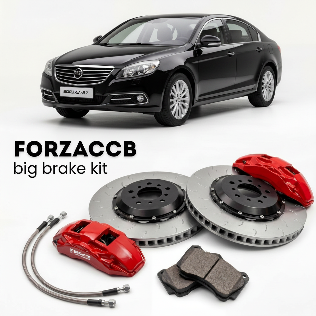 Black BYD S6/S7 BYD S6 (2011-2016) shown above a ForzaCCB iron rotor big brake kit with 2x red 6-piston front calipers, 2x two-piece floating ventilated brake discs 380 mm, set of brake pads, and brake lines.