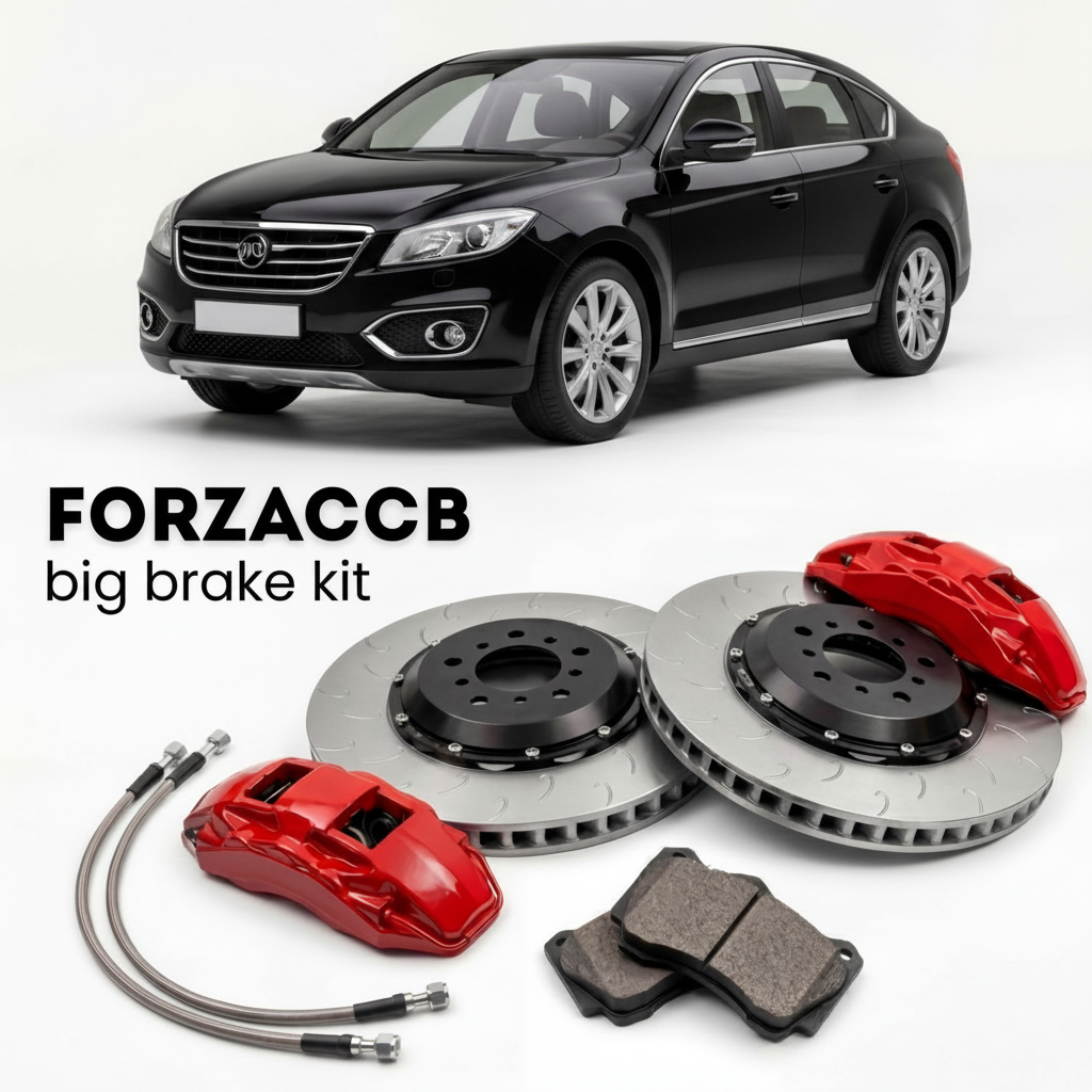 Black BYD S6/S7 BYD S7 (2014-2018) shown above a ForzaCCB iron rotor big brake kit with 2x red 6-piston front calipers, 2x two-piece floating ventilated brake discs 380 mm, set of brake pads, and brake lines.