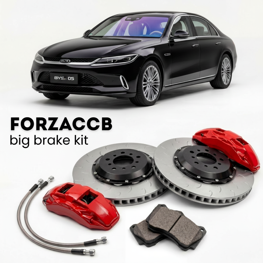 Black BYD Sea Lion 05 (2024+) shown above a ForzaCCB iron rotor big brake kit with 2x red 6-piston front calipers, 2x two-piece floating ventilated brake discs 380 mm, set of brake pads, and brake lines.