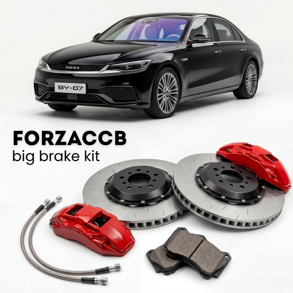 Black BYD Sea Lion 07 (2024+) shown above a ForzaCCB iron rotor big brake kit with 2x red 6-piston front calipers, 2x two-piece floating ventilated brake discs 380 mm, set of brake pads, and brake lines.