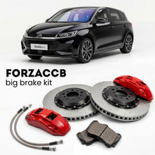 Black BYD Seagull facelift 2025 (2025+) shown above a ForzaCCB iron rotor big brake kit with 2x red 6-piston front calipers, 2x two-piece floating ventilated brake discs 380 mm, set of brake pads, and brake lines.
