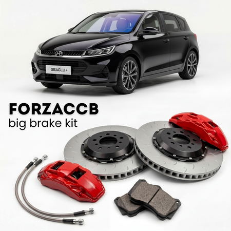 Black BYD Seagull facelift 2025 (2025+) shown above a ForzaCCB iron rotor big brake kit with 2x red 6-piston front calipers, 2x two-piece floating ventilated brake discs 380 mm, set of brake pads, and brake lines.
