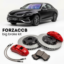 Black BYD Seal 05 (2025+) shown above a ForzaCCB iron rotor big brake kit with 2x red 6-piston front calipers, 2x two-piece floating ventilated brake discs 380 mm, set of brake pads, and brake lines.