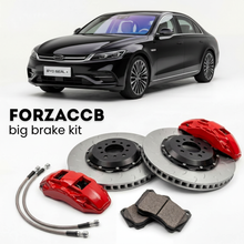 Black BYD Seal 07 facelift 2025 (2025+) shown above a ForzaCCB iron rotor big brake kit with 2x red 6-piston front calipers, 2x two-piece floating ventilated brake discs 380 mm, set of brake pads, and brake lines.