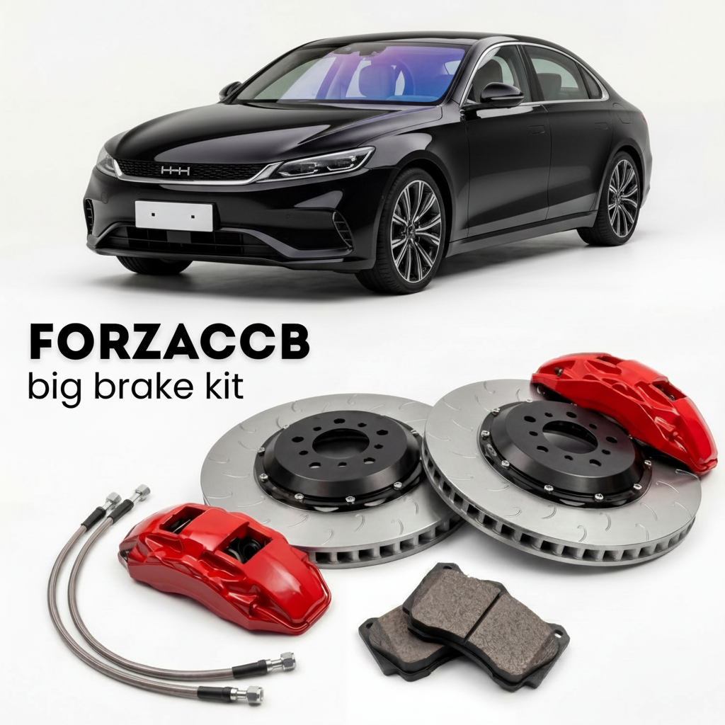 Black BYD Seal (2022+) shown above a ForzaCCB iron rotor big brake kit with 2x red 6-piston front calipers, 2x two-piece floating ventilated brake discs 380 mm, set of brake pads, and brake lines.