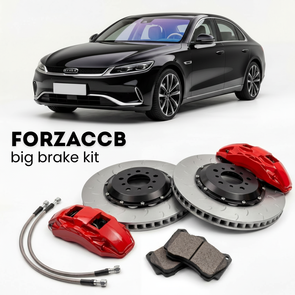 Black BYD Seal 5 (2025+) shown above a ForzaCCB iron rotor big brake kit with 2x red 6-piston front calipers, 2x two-piece floating ventilated brake discs 380 mm, set of brake pads, and brake lines.
