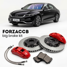 Black BYD Seal 6 (2025+) shown above a ForzaCCB iron rotor big brake kit with 2x red 6-piston front calipers, 2x two-piece floating ventilated brake discs 380 mm, set of brake pads, and brake lines.