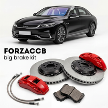 Black BYD Seal 6 Touring (2025+) shown above a ForzaCCB iron rotor big brake kit with 2x red 6-piston front calipers, 2x two-piece floating ventilated brake discs 380 mm, set of brake pads, and brake lines.