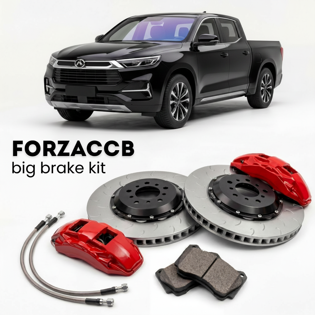 Black BYD Shark 6 (2024+) shown above a ForzaCCB iron rotor big brake kit with 2x red 6-piston front calipers, 2x two-piece floating ventilated brake discs 380 mm, set of brake pads, and brake lines.