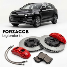 Black BYD Song facelift 2018 (2018-2019) shown above a ForzaCCB iron rotor big brake kit with 2x red 6-piston front calipers, 2x two-piece floating ventilated brake discs 380 mm, set of brake pads, and brake lines.