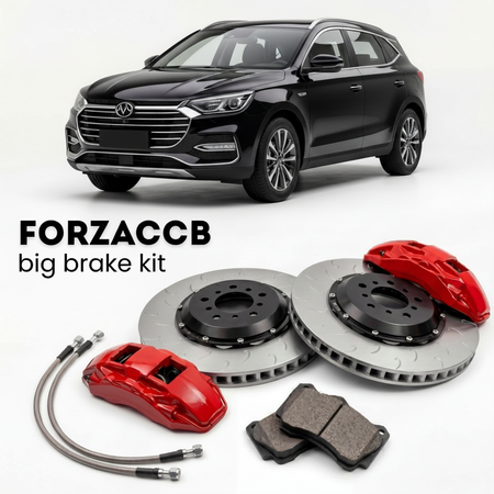 Black BYD Song facelift 2018 (2018-2019) shown above a ForzaCCB iron rotor big brake kit with 2x red 6-piston front calipers, 2x two-piece floating ventilated brake discs 380 mm, set of brake pads, and brake lines.