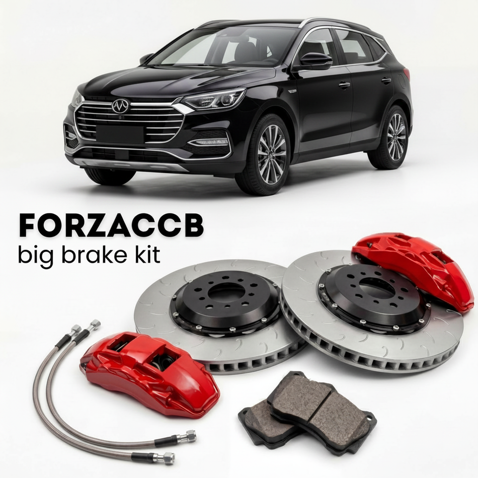 Black BYD Song facelift 2018 (2018-2019) shown above a ForzaCCB iron rotor big brake kit with 2x red 6-piston front calipers, 2x two-piece floating ventilated brake discs 380 mm, set of brake pads, and brake lines.