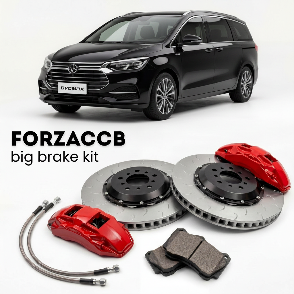 Black BYD Song Max (2017-2021) shown above a ForzaCCB iron rotor big brake kit with 2x red 6-piston front calipers, 2x two-piece floating ventilated brake discs 380 mm, set of brake pads, and brake lines.