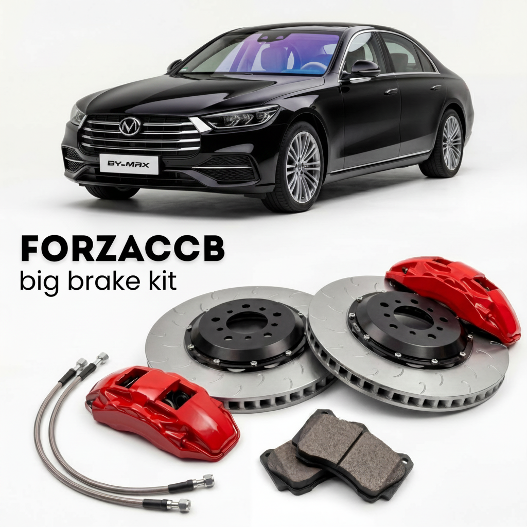 Black BYD Song Max facelift 2021 (2021+) shown above a ForzaCCB iron rotor big brake kit with 2x red 6-piston front calipers, 2x two-piece floating ventilated brake discs 380 mm, set of brake pads, and brake lines.