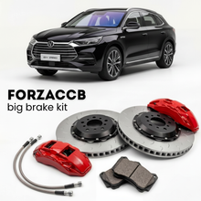 Black BYD Song Pro (2019-2022) shown above a ForzaCCB iron rotor big brake kit with 2x red 6-piston front calipers, 2x two-piece floating ventilated brake discs 380 mm, set of brake pads, and brake lines.