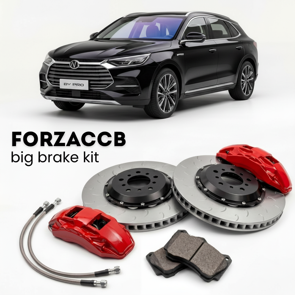 Black BYD Song Pro (2019-2022) shown above a ForzaCCB iron rotor big brake kit with 2x red 6-piston front calipers, 2x two-piece floating ventilated brake discs 380 mm, set of brake pads, and brake lines.
