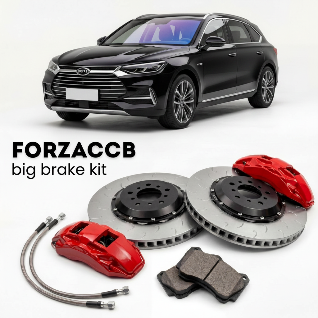 Black BYD Song facelift 2023) (2023-2024 (Pro) shown above a ForzaCCB iron rotor big brake kit with 2x red 6-piston front calipers, 2x two-piece floating ventilated brake discs 380 mm, set of brake pads, and brake lines.