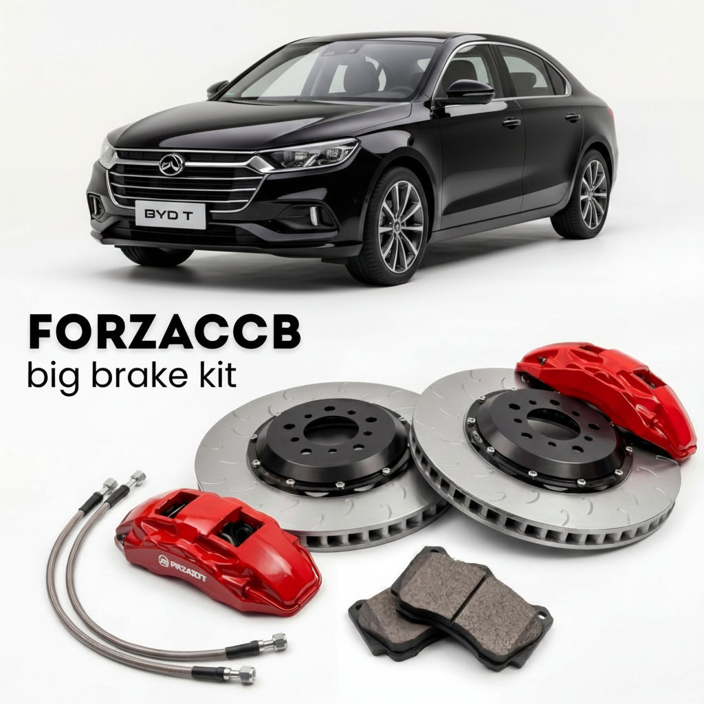 Black BYD T3 (2021+) shown above a ForzaCCB iron rotor big brake kit with 2x red 6-piston front calipers, 2x two-piece floating ventilated brake discs 380 mm, set of brake pads, and brake lines.